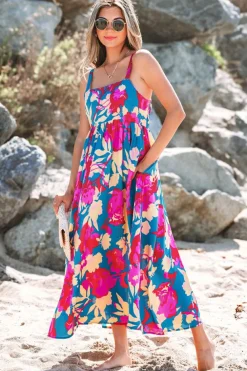 New Dear-Lover Floral High Waist Sleeveless Flared Long Dress Dark Blue