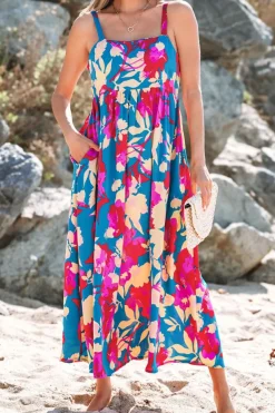 New Dear-Lover Floral High Waist Sleeveless Flared Long Dress Dark Blue