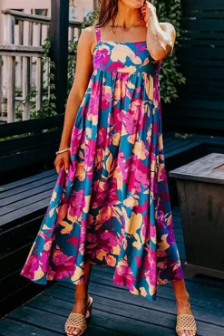 New Dear-Lover Floral High Waist Sleeveless Flared Long Dress Dark Blue
