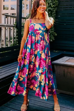 New Dear-Lover Floral High Waist Sleeveless Flared Long Dress Dark Blue