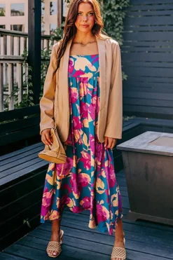 New Dear-Lover Floral High Waist Sleeveless Flared Long Dress Dark Blue