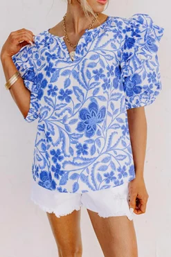 Outlet Dear-Lover Floral Print Ruffled Bubble Sleeve Blouse Dark Blue