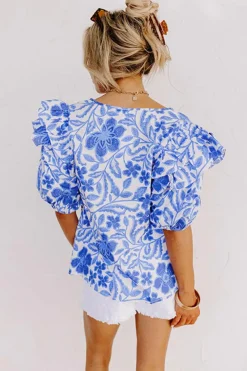 Outlet Dear-Lover Floral Print Ruffled Bubble Sleeve Blouse Dark Blue