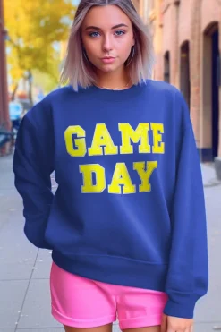 New Dear-Lover Game Day Crew Neck Graphic Pullover Sweatshirt Dark Blue