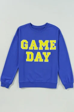New Dear-Lover Game Day Crew Neck Graphic Pullover Sweatshirt Dark Blue