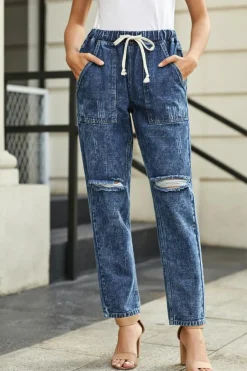 Online Dear-Lover Dark Gather Round Distressed Pocketed Denim Jogger Blue