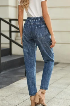 Online Dear-Lover Dark Gather Round Distressed Pocketed Denim Jogger Blue