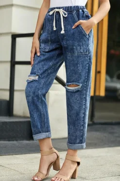 Online Dear-Lover Dark Gather Round Distressed Pocketed Denim Jogger Blue