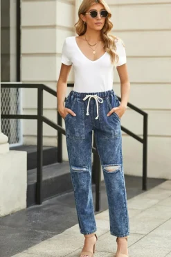 Online Dear-Lover Dark Gather Round Distressed Pocketed Denim Jogger Blue
