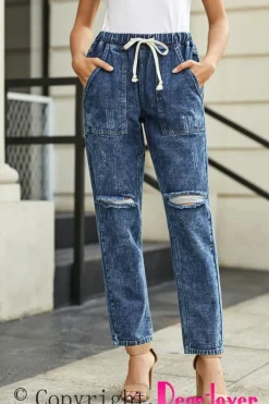 Online Dear-Lover Dark Gather Round Distressed Pocketed Denim Jogger Blue