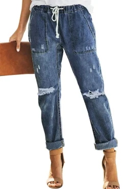 Online Dear-Lover Dark Gather Round Distressed Pocketed Denim Jogger Blue