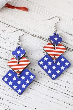 Outlet Dear-Lover Geometric Wooden Star Stripe Flag Dangle Earrings Dark Blue