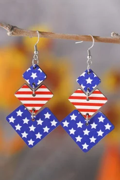 Outlet Dear-Lover Geometric Wooden Star Stripe Flag Dangle Earrings Dark Blue