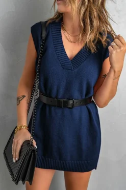 Clearance Dear-Lover Dark Knit Vest Pullover Sweater Blue