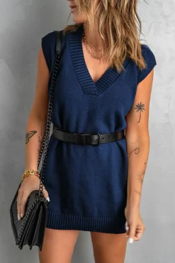 Clearance Dear-Lover Dark Knit Vest Pullover Sweater Blue