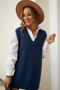 Clearance Dear-Lover Dark Knit Vest Pullover Sweater Blue