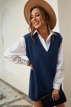 Clearance Dear-Lover Dark Knit Vest Pullover Sweater Blue