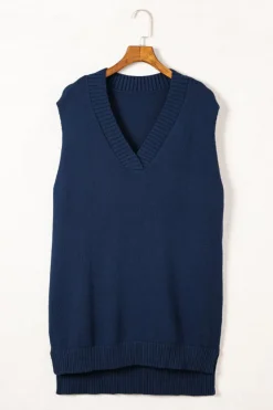 Clearance Dear-Lover Dark Knit Vest Pullover Sweater Blue