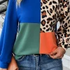 Hot Dear-Lover Leopard Print Colorblock Long Sleeve Top Dark Blue