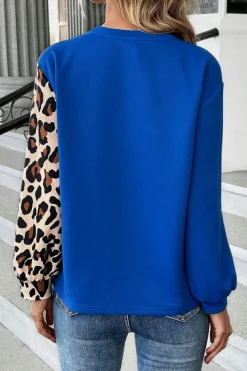 Hot Dear-Lover Leopard Print Colorblock Long Sleeve Top Dark Blue
