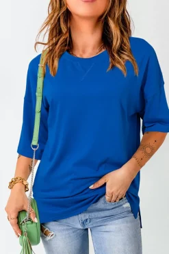 Discount Dear-Lover Longline Short Sleeve Side Slit Drop Shoulder Top Dark Blue