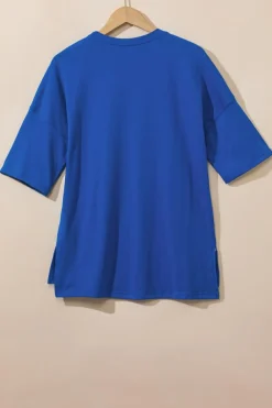 Discount Dear-Lover Longline Short Sleeve Side Slit Drop Shoulder Top Dark Blue