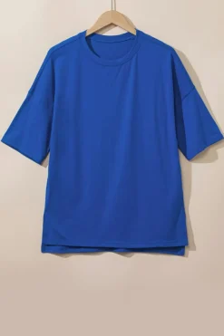 Discount Dear-Lover Longline Short Sleeve Side Slit Drop Shoulder Top Dark Blue