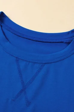 Discount Dear-Lover Longline Short Sleeve Side Slit Drop Shoulder Top Dark Blue