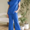 New Dear-Lover Ruffled Sleeve Summer Top and Cropped Loose Pants Set Dark Blue