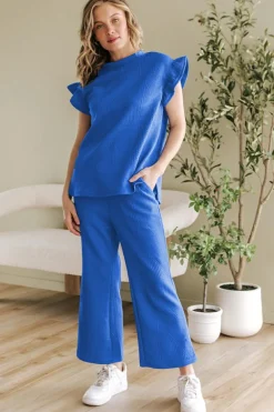 New Dear-Lover Ruffled Sleeve Summer Top and Cropped Loose Pants Set Dark Blue