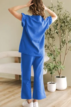 New Dear-Lover Ruffled Sleeve Summer Top and Cropped Loose Pants Set Dark Blue