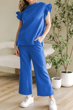 New Dear-Lover Ruffled Sleeve Summer Top and Cropped Loose Pants Set Dark Blue