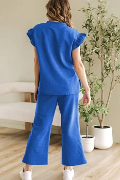 New Dear-Lover Ruffled Sleeve Summer Top and Cropped Loose Pants Set Dark Blue