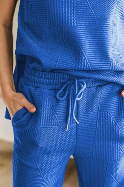 New Dear-Lover Ruffled Sleeve Summer Top and Cropped Loose Pants Set Dark Blue