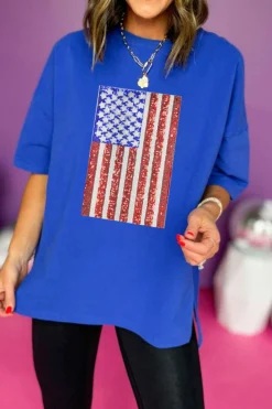 Best Dear-Lover Sequin American Flag Graphic Split Baggy T Shirt Dark Blue
