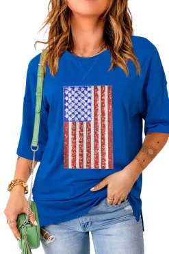 Best Dear-Lover Sequin American Flag Graphic Split Baggy T Shirt Dark Blue