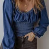 Clearance Dear-Lover Smocked Ruffled Puff Sleeve V Neck Denim Blouse Dark Blue