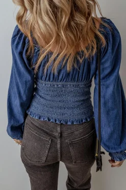 Clearance Dear-Lover Smocked Ruffled Puff Sleeve V Neck Denim Blouse Dark Blue