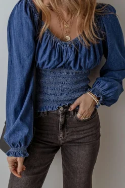 Clearance Dear-Lover Smocked Ruffled Puff Sleeve V Neck Denim Blouse Dark Blue