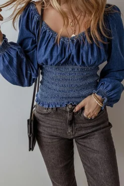 Clearance Dear-Lover Smocked Ruffled Puff Sleeve V Neck Denim Blouse Dark Blue