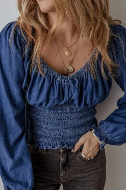 Clearance Dear-Lover Smocked Ruffled Puff Sleeve V Neck Denim Blouse Dark Blue