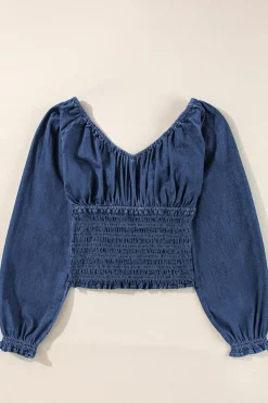 Clearance Dear-Lover Smocked Ruffled Puff Sleeve V Neck Denim Blouse Dark Blue
