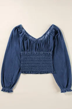 Clearance Dear-Lover Smocked Ruffled Puff Sleeve V Neck Denim Blouse Dark Blue