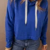 Discount Dear-Lover Solid Drop Shoulder Drawstring Cropped Hoodie Dark Blue