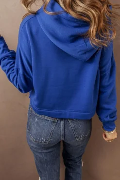 Discount Dear-Lover Solid Drop Shoulder Drawstring Cropped Hoodie Dark Blue