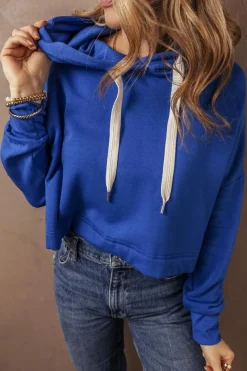 Discount Dear-Lover Solid Drop Shoulder Drawstring Cropped Hoodie Dark Blue