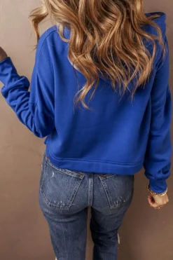 Discount Dear-Lover Solid Drop Shoulder Drawstring Cropped Hoodie Dark Blue