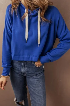 Discount Dear-Lover Solid Drop Shoulder Drawstring Cropped Hoodie Dark Blue