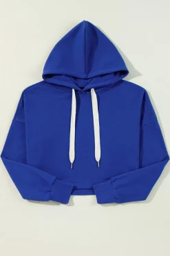 Discount Dear-Lover Solid Drop Shoulder Drawstring Cropped Hoodie Dark Blue