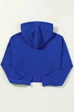 Discount Dear-Lover Solid Drop Shoulder Drawstring Cropped Hoodie Dark Blue